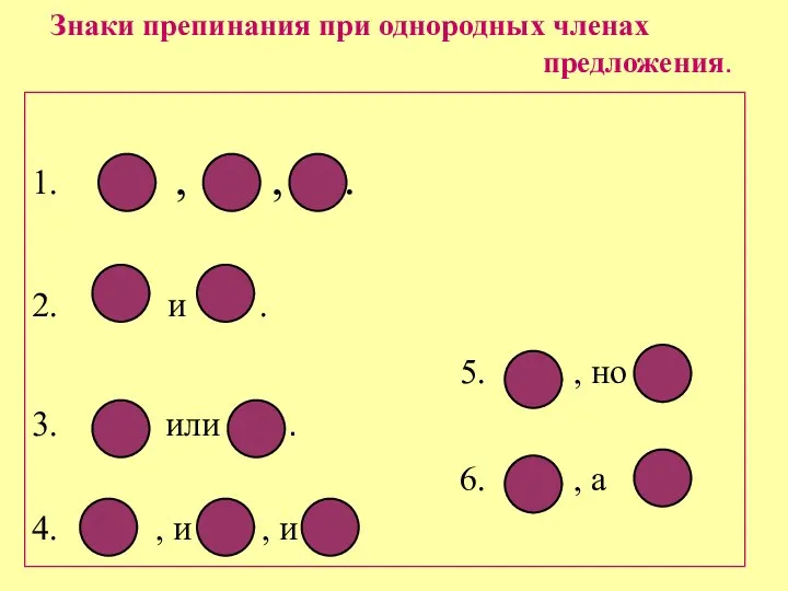 Знаки препинания при однородных членах предложения. 1. , , . 2.