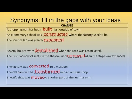 Synonyms: fill in the gaps with your ideas built constructed expanded demolished removed converted transformed moved