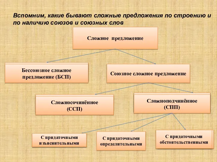 Вспомним, какие бывают сложные предложения по строению и по наличию союзов