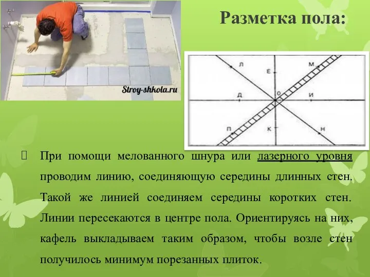 Разметка пола: При помощи мелованного шнура или лазерного уровня проводим линию,