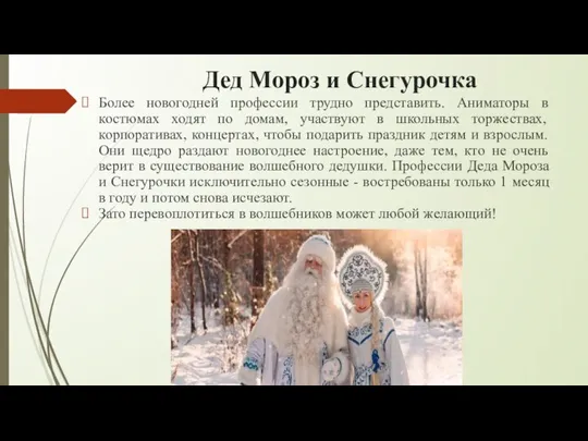 Дед Мороз и Снегурочка Более новогодней профессии трудно представить. Аниматоры в