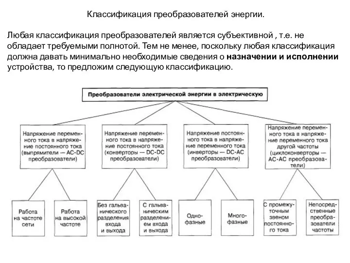 Классификация преобразователей энергии. Любая классификация преобразователей является субъективной , т.е. не