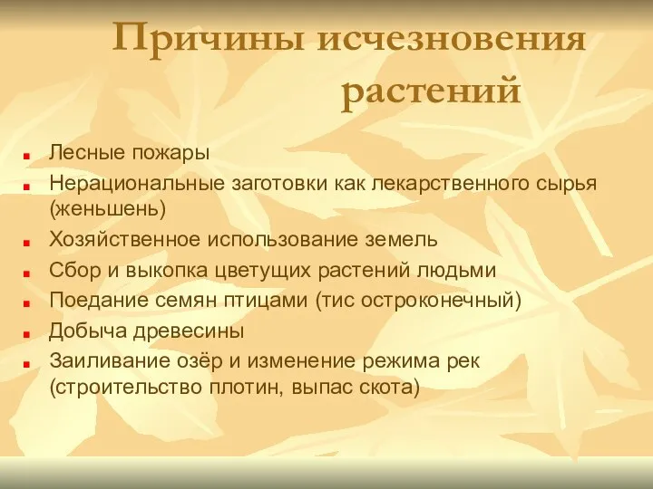 Причины исчезновения растений Лесные пожары Нерациональные заготовки как лекарственного сырья (женьшень)