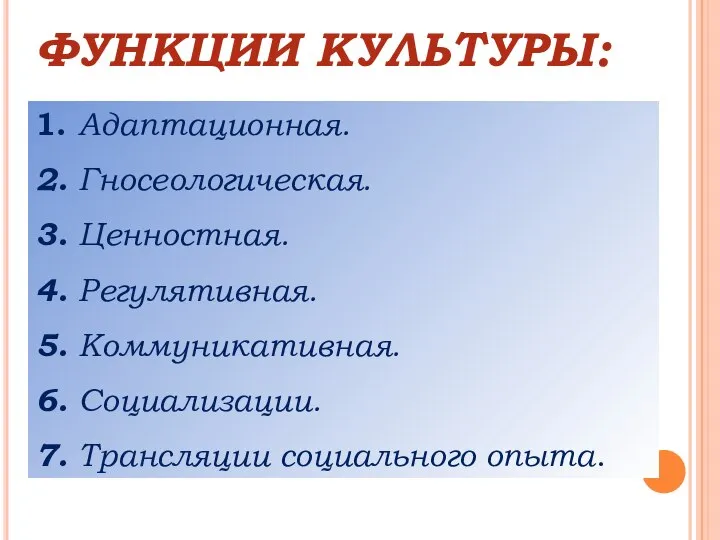 1. Адаптационная. 2. Гносеологическая. 3. Ценностная. 4. Регулятивная. 5. Коммуникативная. 6.