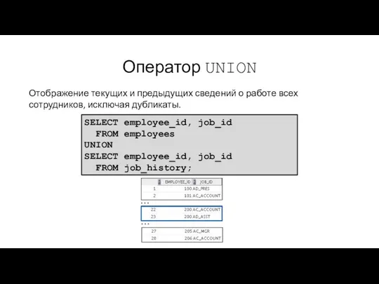 Оператор UNION Отображение текущих и предыдущих сведений о работе всех сотрудников,