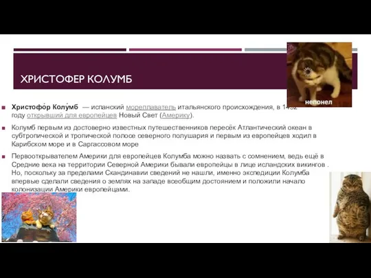 ХРИСТОФЕР КОЛУМБ Христофо́р Колу́мб — испанский мореплаватель итальянского происхождения, в 1492