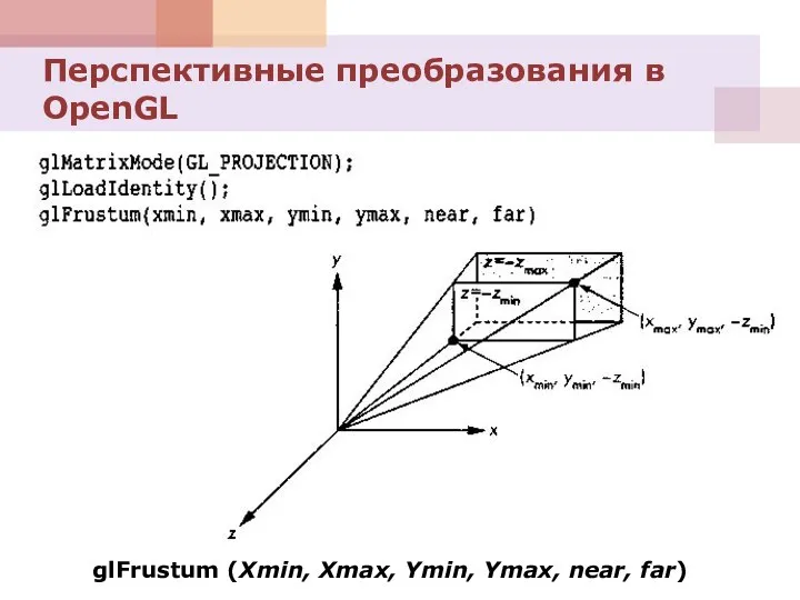 Перспективные преобразования в OpenGL glFrustum (Xmin, Xmax, Ymin, Ymax, near, far)