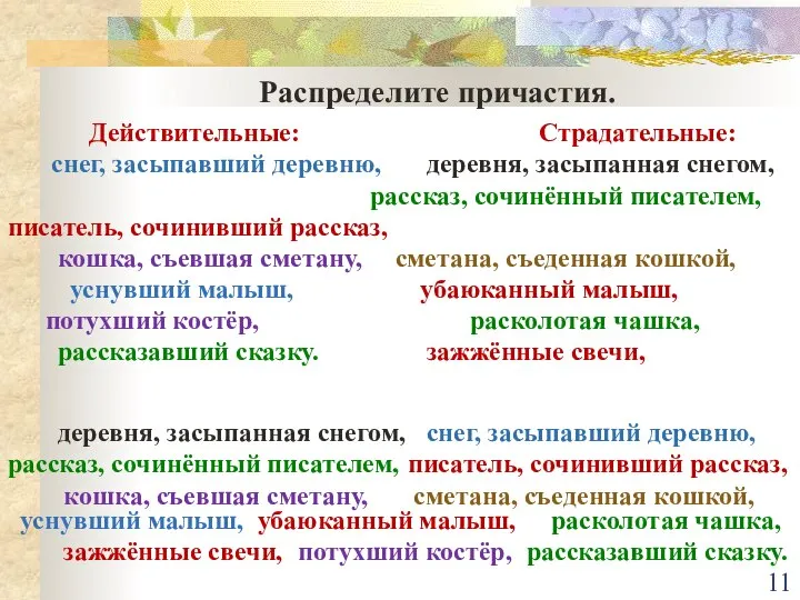 Распределите причастия. Действительные: Страдательные: снег, засыпавший деревню, деревня, засыпанная снегом, рассказ,