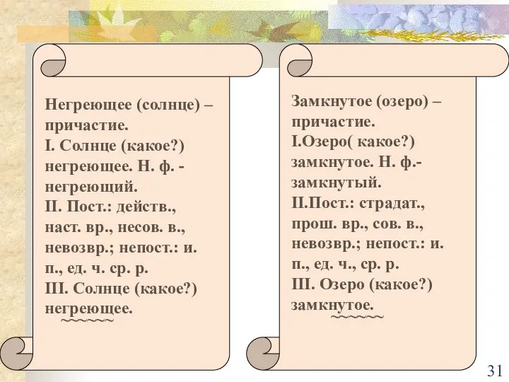 Негреющее (солнце) – причастие. I. Солнце (какое?) негреющее. Н. ф. -