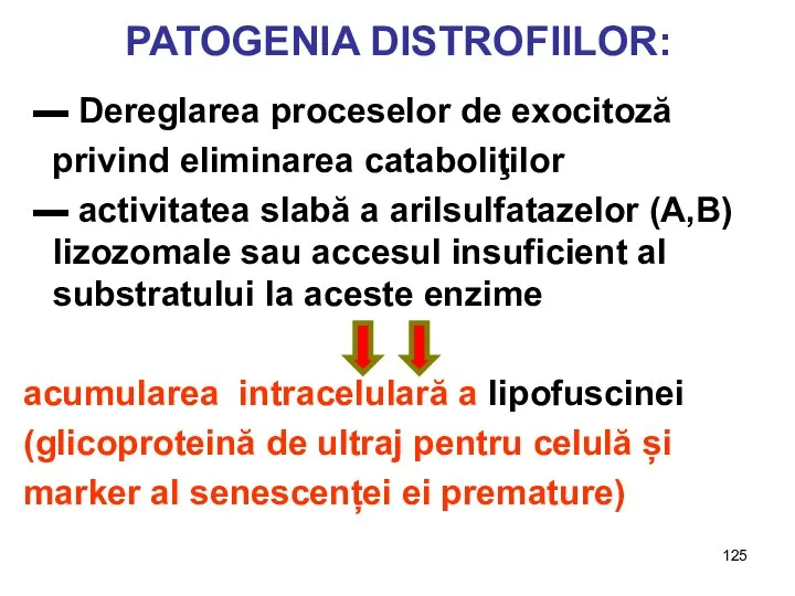 ▬ Dereglarea proceselor de exocitoză privind eliminarea cataboliţilor ▬ activitatea slabă