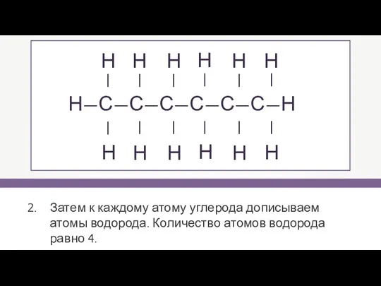 Затем к каждому атому углерода дописываем атомы водорода. Количество атомов водорода