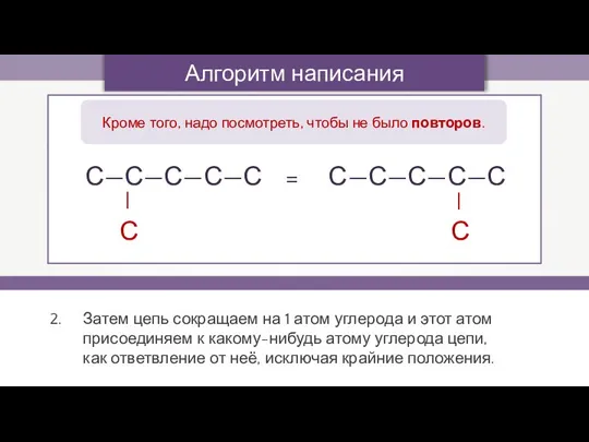 Алгоритм написания изомеров Затем цепь сокращаем на 1 атом углерода и