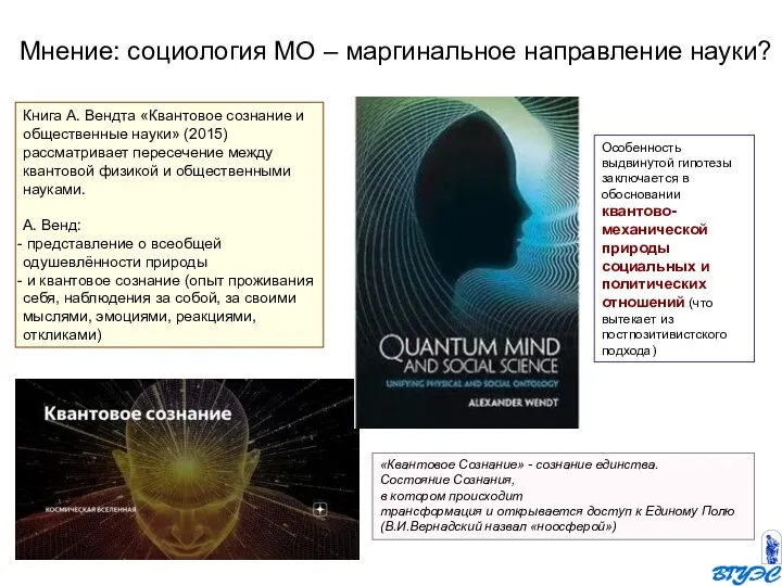 Книга А. Вендта «Квантовое сознание и общественные науки» (2015) рассматривает пересечение