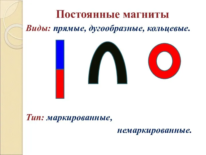 Постоянные магниты Виды: прямые, дугообразные, кольцевые. Тип: маркированные, немаркированные.