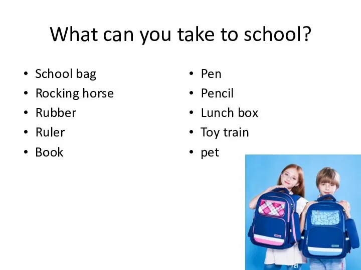 What can you take to school? School bag Rocking horse Rubber
