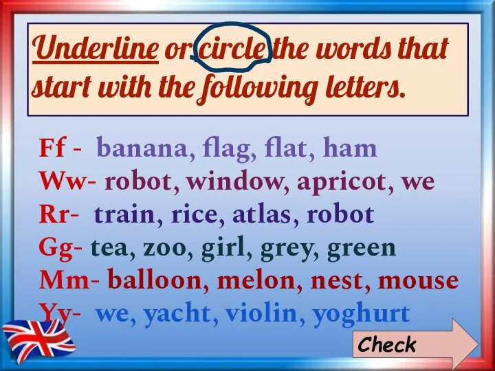 Underline or circle the words that start with the following letters.