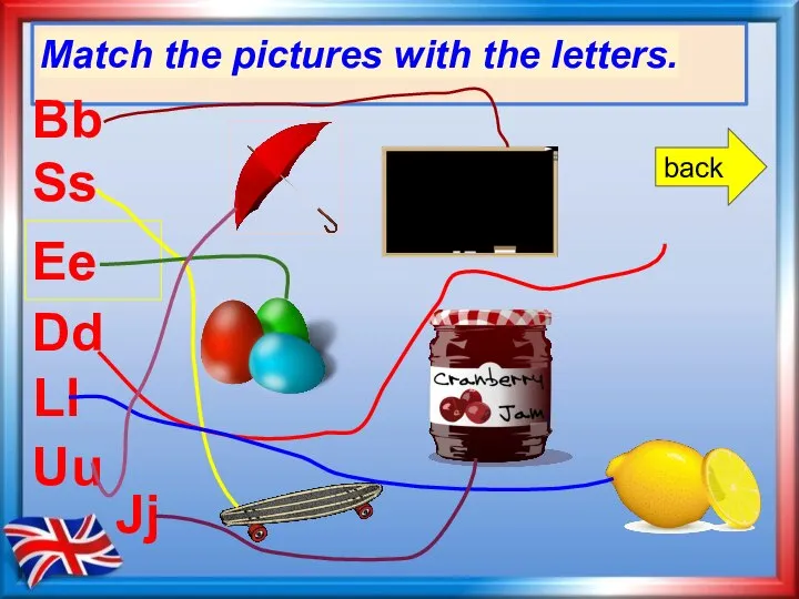 Match the pictures with the letters. Bb Ll Ss Ee Jj Uu Dd back