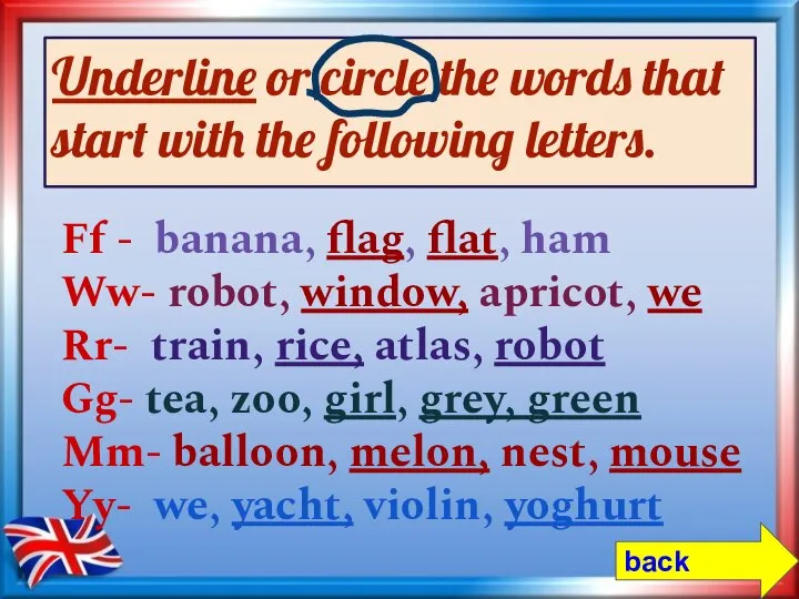 Underline or circle the words that start with the following letters.