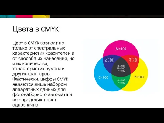 Цвета в CMYK Цвет в CMYK зависит не только от спектральных