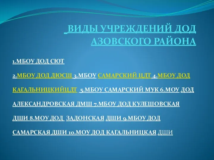 ВИДЫ УЧРЕЖДЕНИЙ ДОД АЗОВСКОГО РАЙОНА 1.МБОУ ДОД СЮТ 2.МБОУ ДОД ДЮСШ