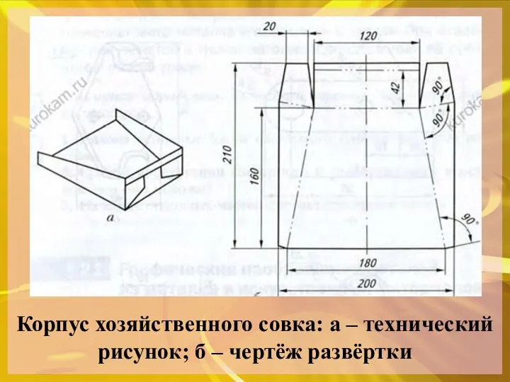 Корпус хозяйственного совка: а – технический рисунок; б – чертёж развёртки