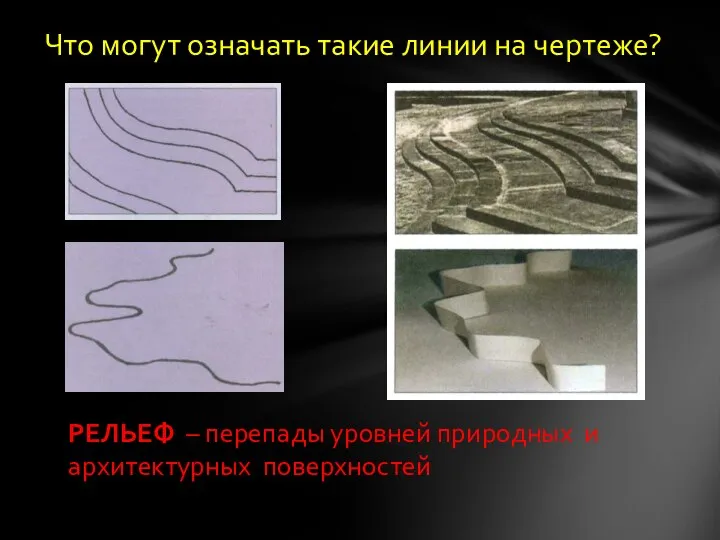 Что могут означать такие линии на чертеже? РЕЛЬЕФ – перепады уровней природных и архитектурных поверхностей