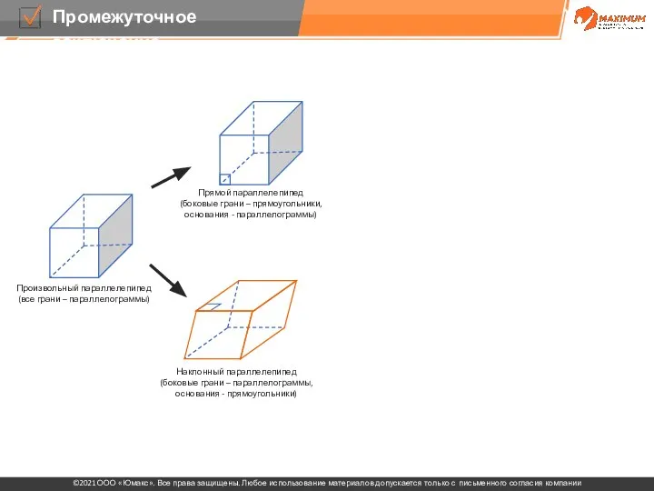 Прямоугольный параллелепипед (все грани - прямоугольники) Прямой параллелепипед (боковые грани –