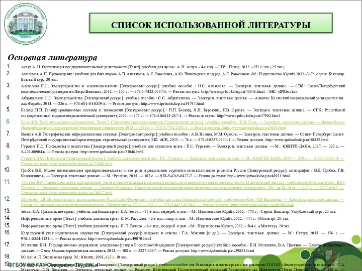 СПИСОК ИСПОЛЬЗОВАННОЙ ЛИТЕРАТУРЫ Основная литература Асаул А. Н. Организация предпринимательской деятельности