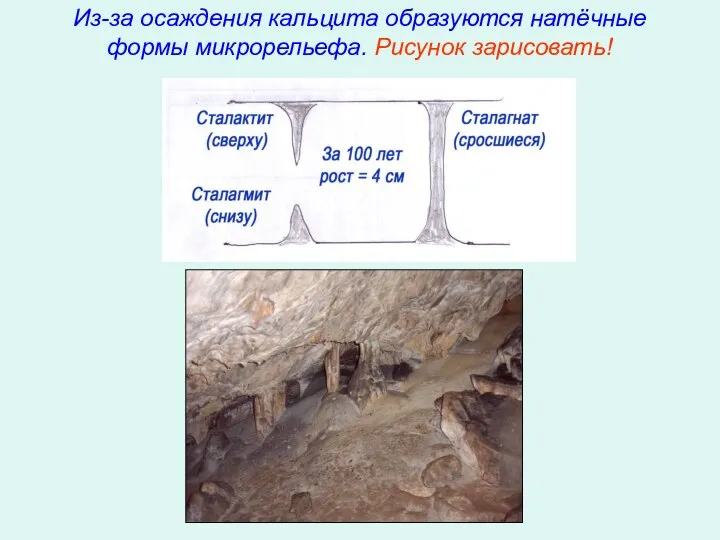 Из-за осаждения кальцита образуются натёчные формы микрорельефа. Рисунок зарисовать!