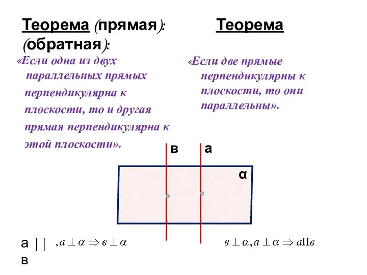 Теорема (прямая): Теорема (обратная): «Если одна из двух параллельных прямых перпендикулярна