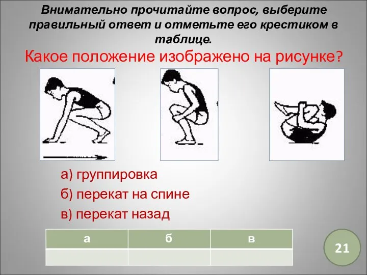 Внимательно прочитайте вопрос, выберите правильный ответ и отметьте его крестиком в