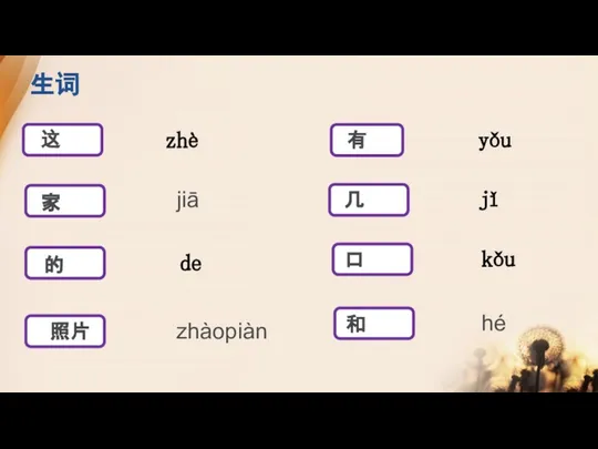 生词 zhè jiā de kǒu yǒu jǐ zhàopiàn hé