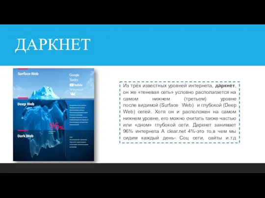 ДАРКНЕТ Из трёх известных уровней интернета, даркнет, он же «теневая сеть»