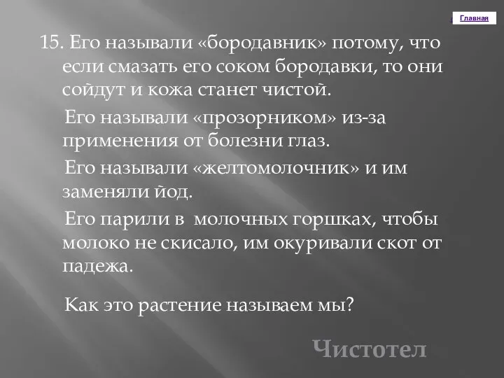 Главная 15. Его называли «бородавник» потому, что если смазать его соком