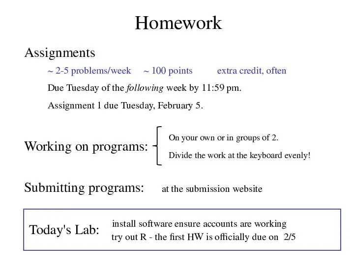 Homework Working on programs: On your own or in groups of