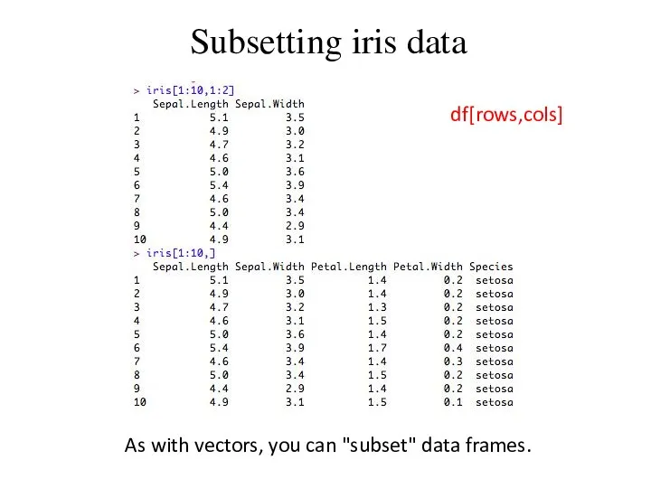 Subsetting iris data As with vectors, you can "subset" data frames. df[rows,cols]