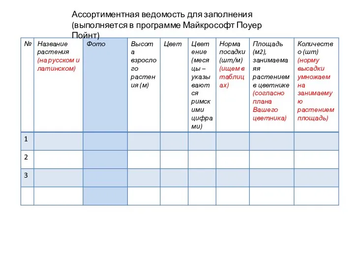 Ассортиментная ведомость для заполнения (выполняется в программе Майкрософт Поуер Пойнт)