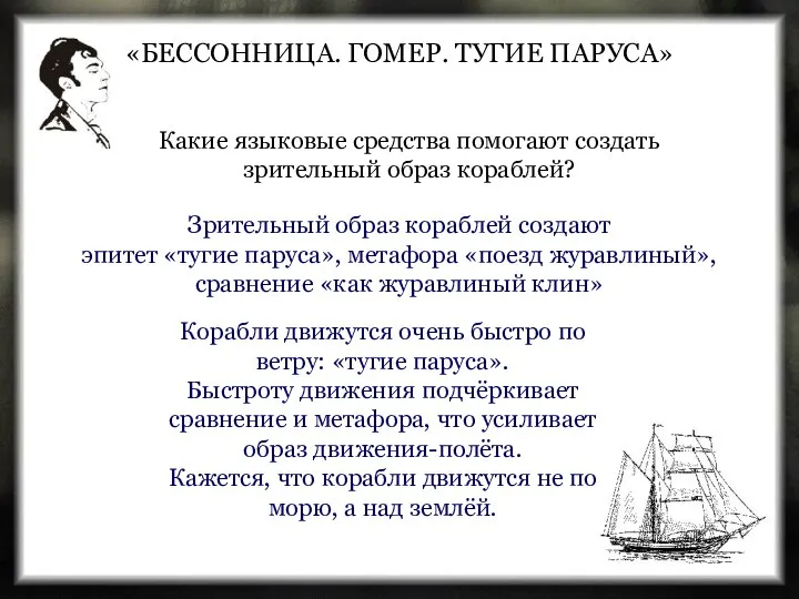 «БЕССОННИЦА. ГОМЕР. ТУГИЕ ПАРУСА» Зрительный образ кораблей создают эпитет «тугие паруса»,