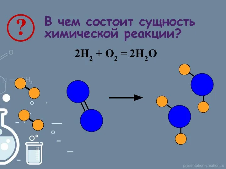 В чем состоит сущность химической реакции? 2Н2 + О2 = 2Н2О