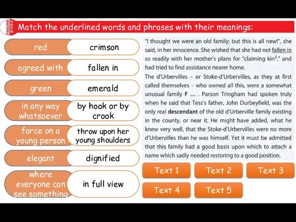 Match the underlined words and phrases with their meanings: red agreed