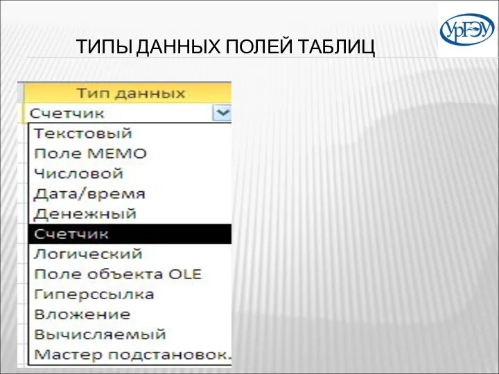 ТИПЫ ДАННЫХ ПОЛЕЙ ТАБЛИЦ