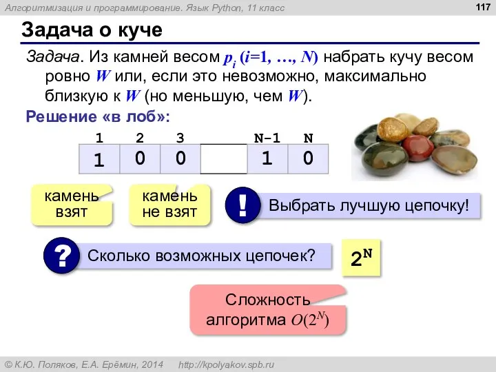 Задача о куче Задача. Из камней весом pi (i=1, …, N)