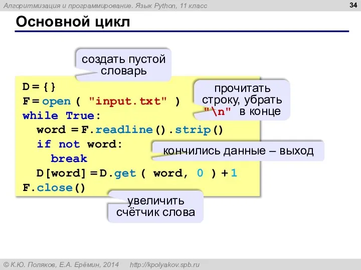 Основной цикл D = {} F = open ( "input.txt" )