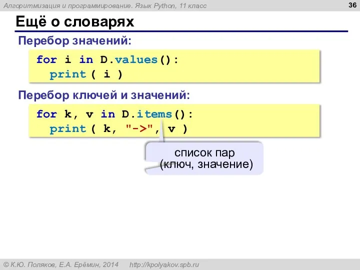 Ещё о словарях for i in D.values(): print ( i )