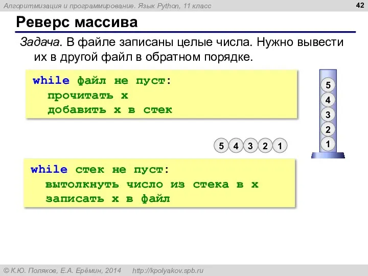 Реверс массива Задача. В файле записаны целые числа. Нужно вывести их