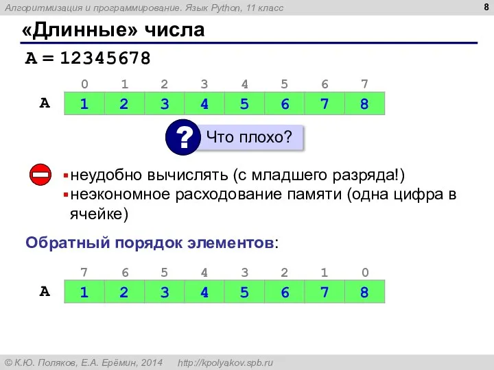 «Длинные» числа A = 12345678 неудобно вычислять (с младшего разряда!) неэкономное