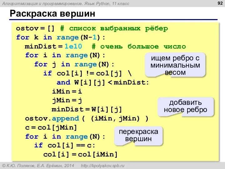 Раскраска вершин ostov = [] # список выбранных рёбер for k