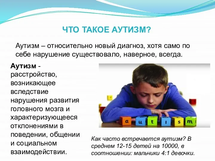 ЧТО ТАКОЕ АУТИЗМ? Аутизм – относительно новый диагноз, хотя само по