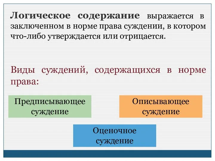 Логическое содержание выражается в заключенном в норме права суждении, в котором