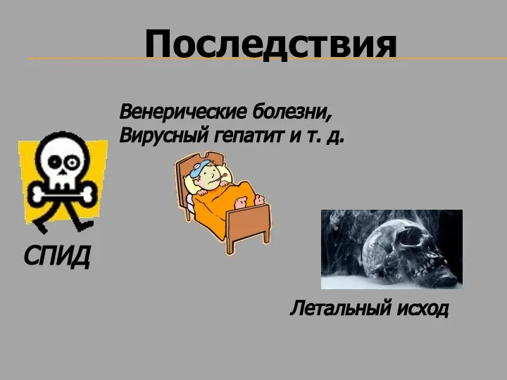 Последствия СПИД Венерические болезни, Вирусный гепатит и т. д. Летальный исход